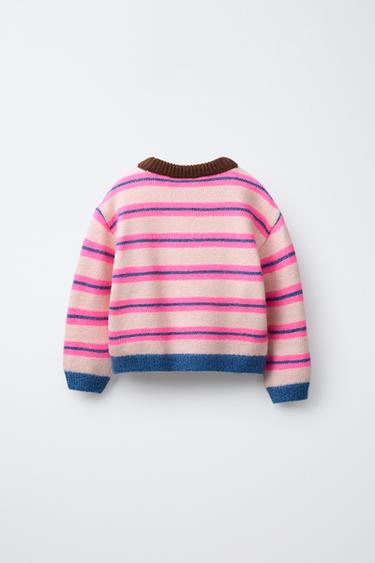EMBROIDERED FLUORESCENT STRIPED KNIT JUMPER - Neon pink by Zara - Image 1