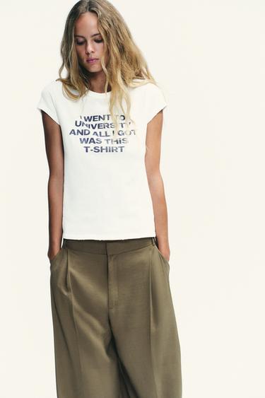 Zara RUSTIC TEXT T-SHIRT - Blue / White