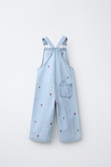 Zara EMBROIDERED TULIP DENIM OVERALLS - Light blue