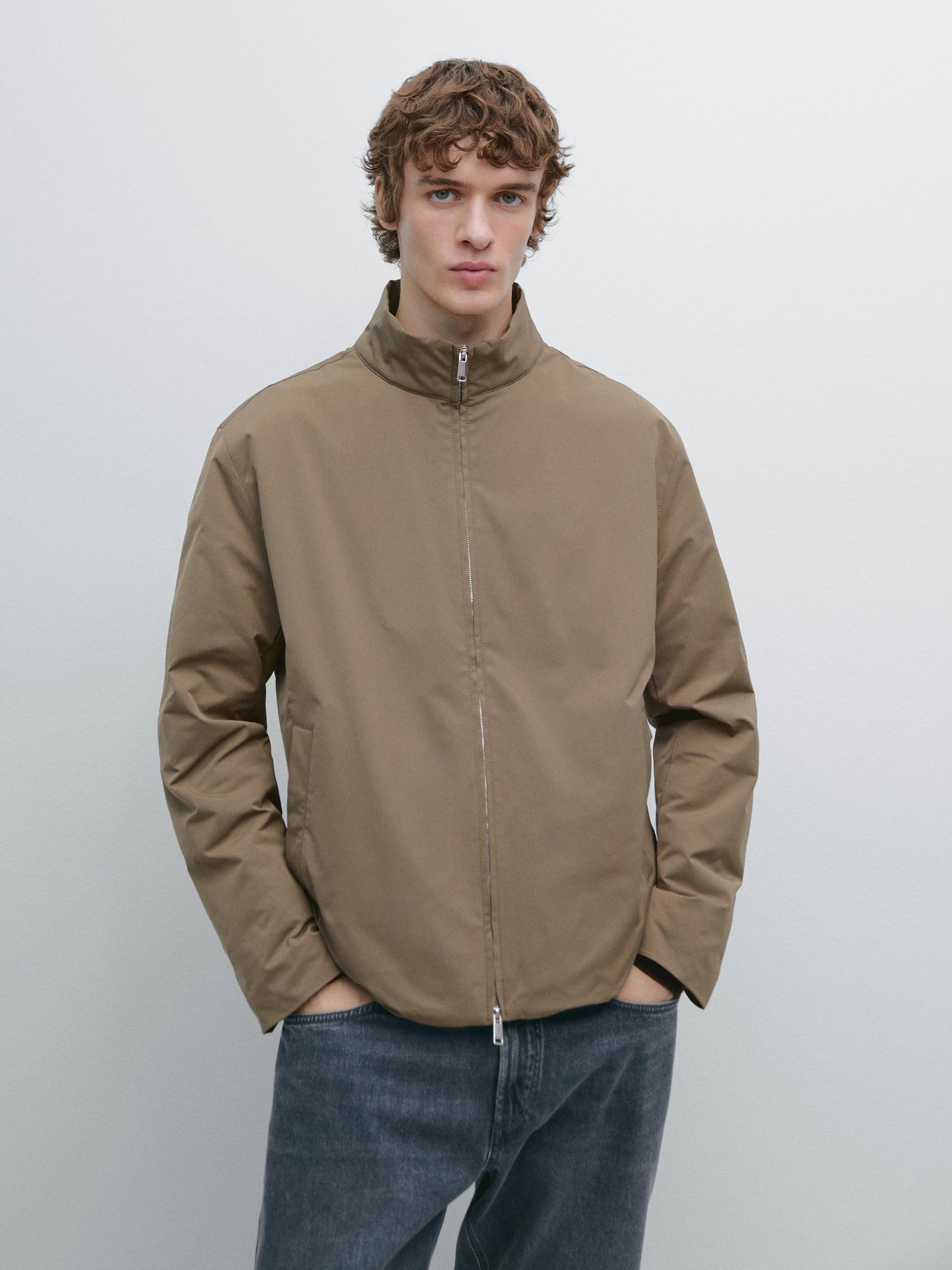 Water-repellent puffer jacket with high neck — Light khaki