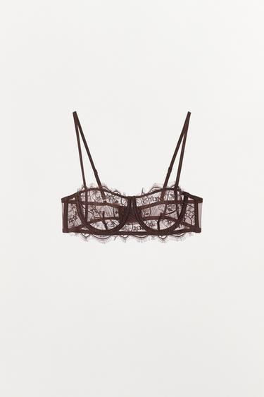 플라워 자수 레이스 와이어 브라렛 - Zara 브라운