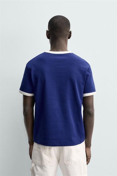 T-SHIRT CÔTELÉ BASIQUE EN CONTRASTE - Bleu / Blanc de Zara - Image 2
