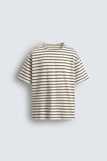 CAMISETA RELAXED FIT RAYAS - Beige-marro de Zara - Imagen 0