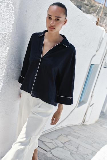 CHEMISE EN LIN À LISERÉS CONTRASTANTS - Bleu marine de Zara - Image 3