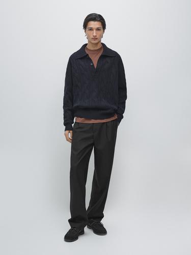 Zara Wool cable-knit polo sweater - Navy blue