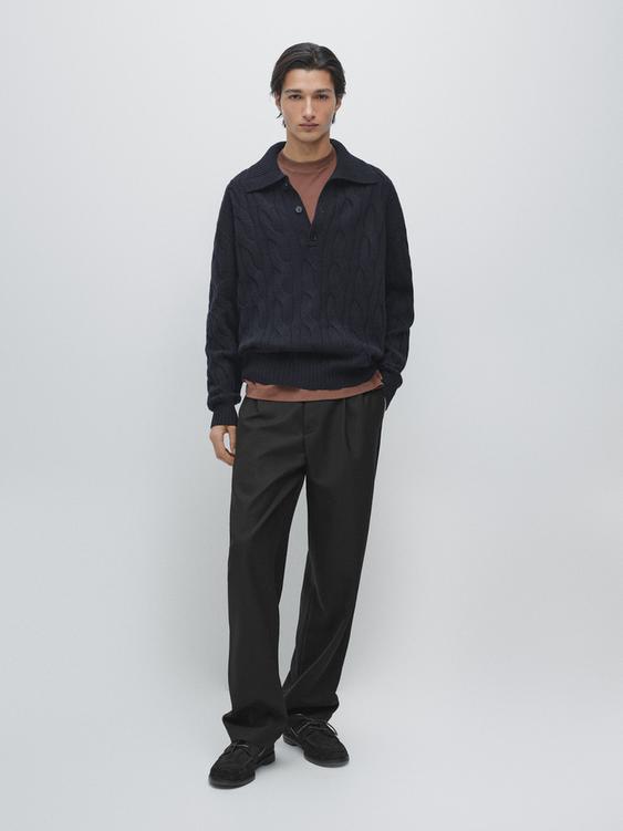 Wool cable-knit polo sweater