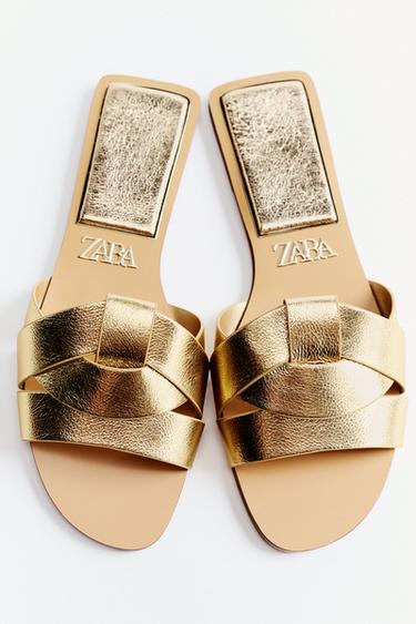 CROSS-STRAP FLAT LEATHER SANDALS - Gold by Zara