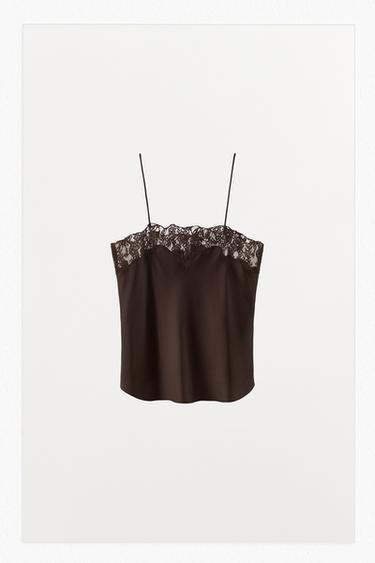 SATIN TOP WITH LACE - Brown by Zara