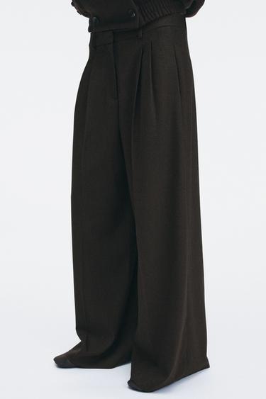 ZW COLLECTION WIDE-LEG PLEATED TROUSERS - Brown-Blue by Zara