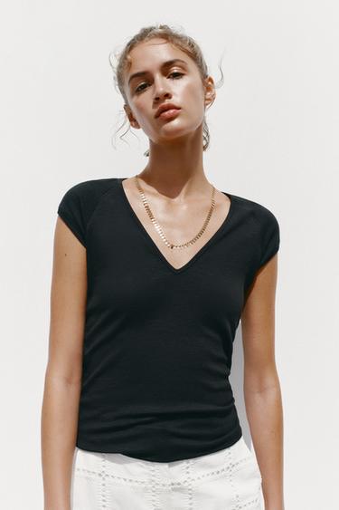Zara RIB V-NECK T-SHIRT - Black