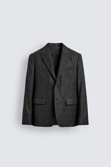 100% WOOL CHECK SUIT BLAZER - Dark grey marl by Zara