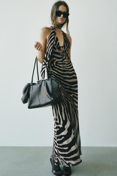 Zara ANIMAL PRINT LONG HALTER DRESS - Zebra