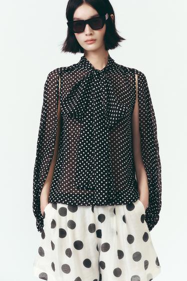CAPE BLOUSE WITH TIE DETAIL ZW COLLECTION - Black / White by Zara