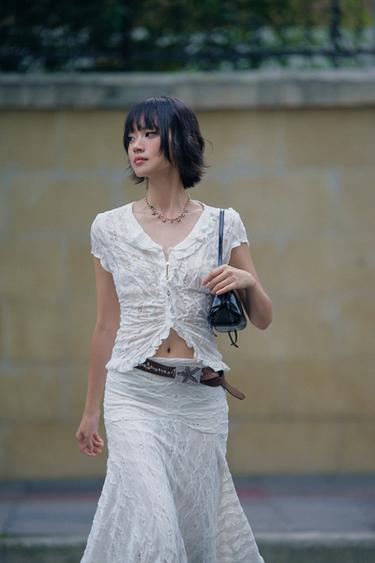 Zara 鏤空荷葉邊罩衫 - 磨白色