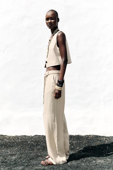 PANTALON RAYÉ CEINTURE TRESSÉE - Sable de Zara - Image 2