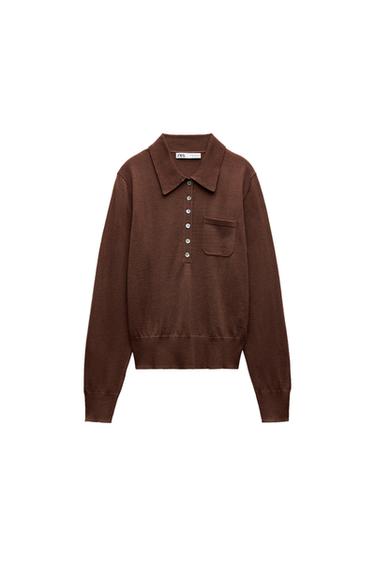 Front view of a brown jumper with a collar, button fastening and chest pocket.