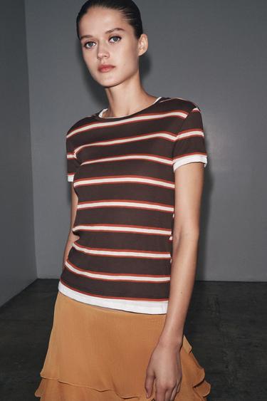 DOUBLE STRIPE T-SHIRT - Chocolate brown by Zara - Image 1