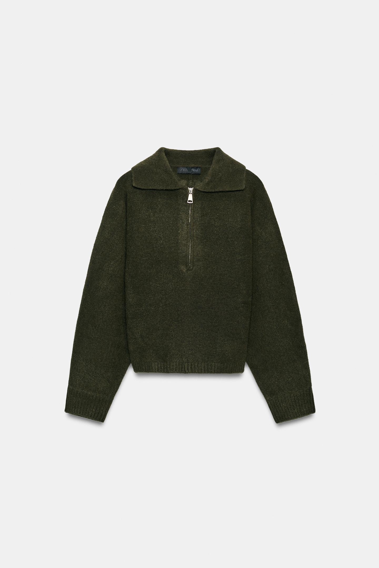 Женский свитер Zara Soft Knit Zip-Up, цвет: Тёмный хаки — фото 6
