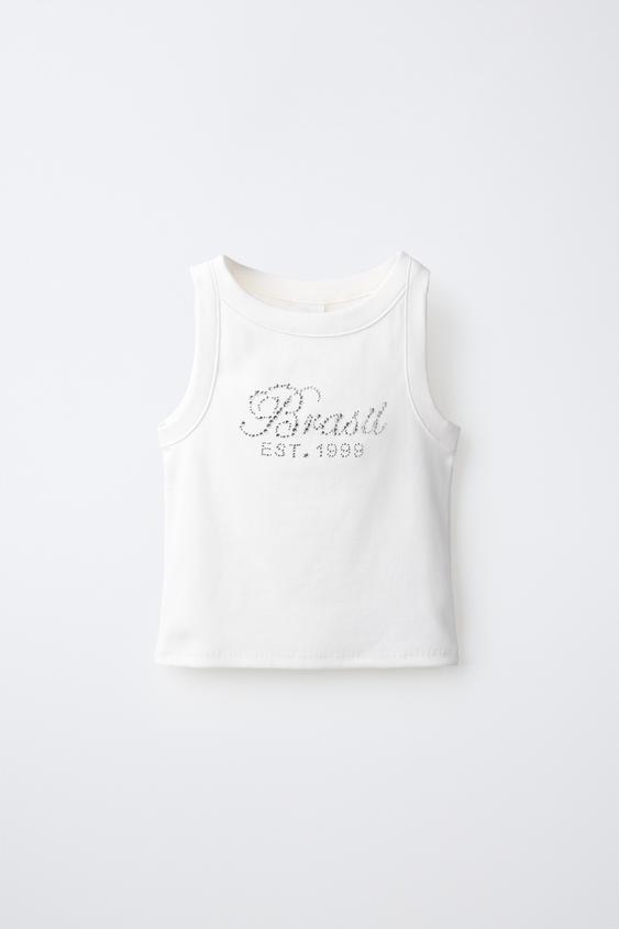 BRAZIL RHINESTONE RIBBED T-SHIRT - Oyster-white by Zara - Image 0