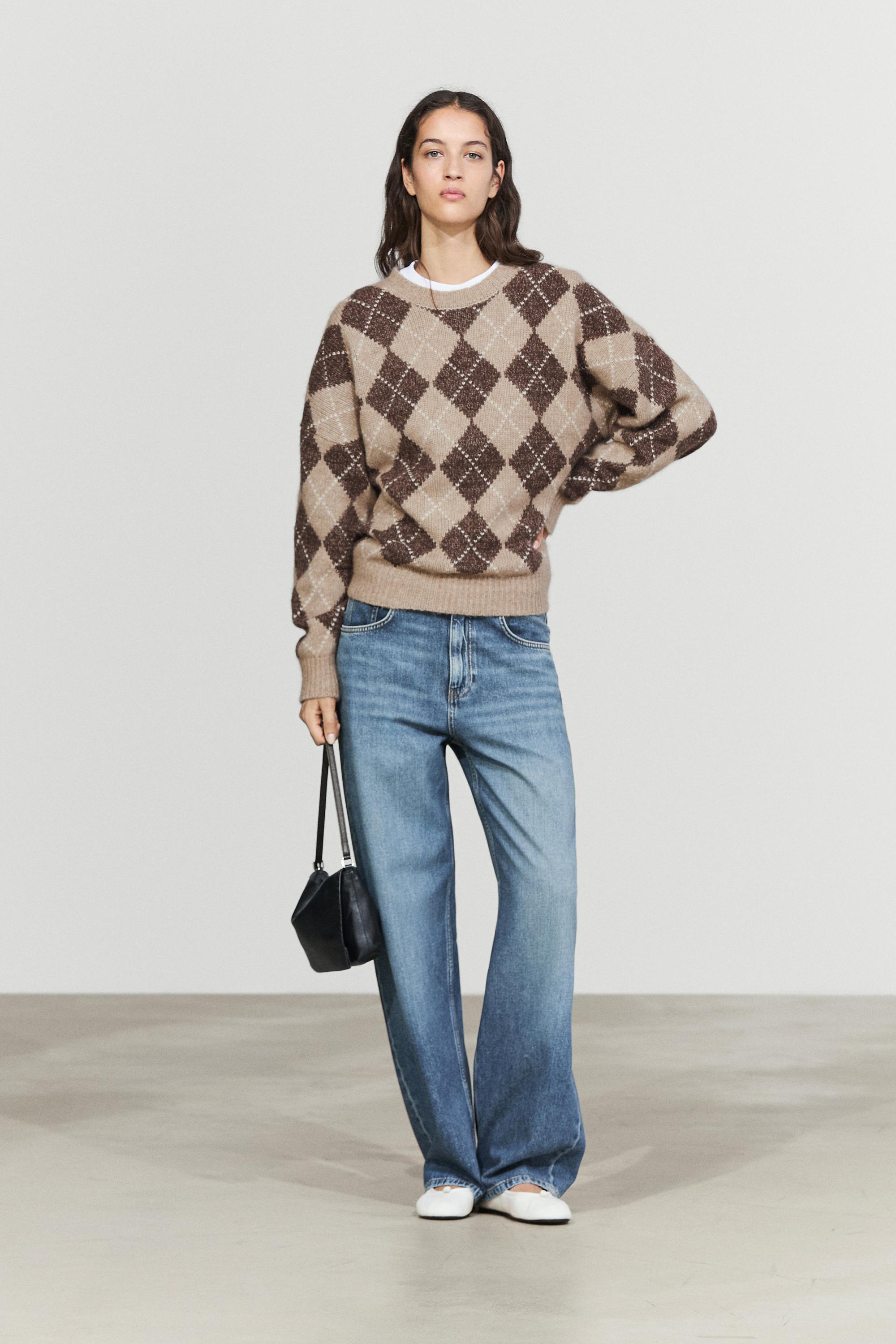 Argyle knit sweater with cashmere — Beige