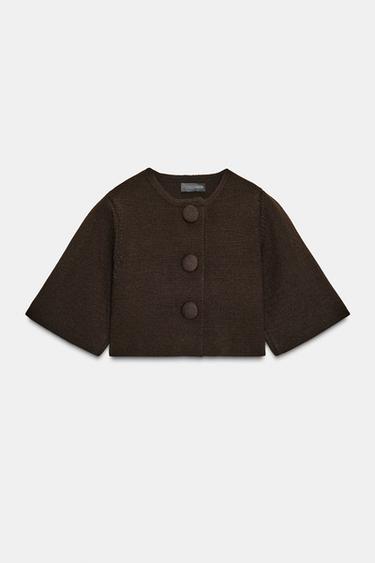 Zara CROPPED KNIT JACKET - Dark brown