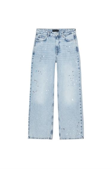 Z1975 LOOSE MID-WAIST PAINT-EFFECT JEANS - Light blue by Zara