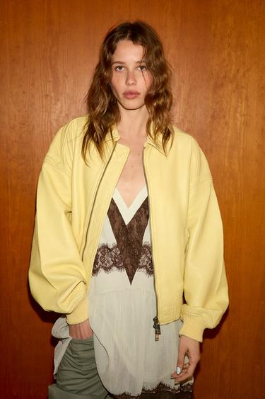 100% LEATHER BOMBER JACKET - Grapefruit yellow by Zara - Image 5