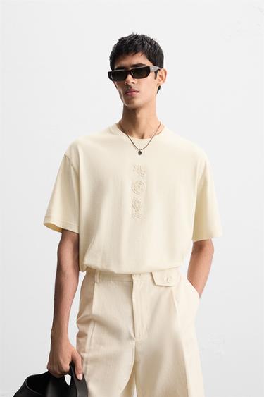CONTRAST EMBROIDERY T-SHIRT - Ecru by Zara