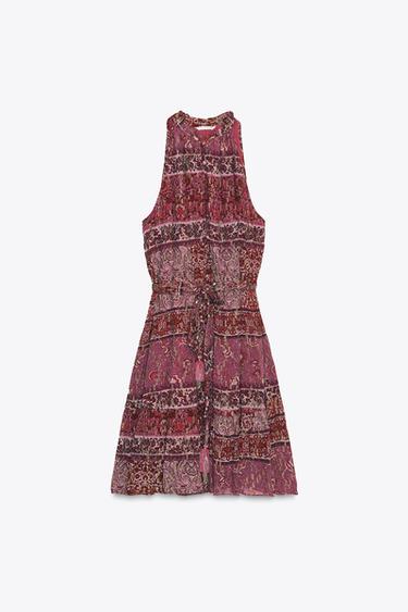 VESTIDO MINI ESTAMPADO PATCHWORK CINTURÓN - Fucsia de Zara