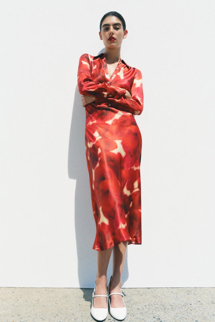 ZW COLLECTION プリント柄サテンワンピース - レッド | ZARA Japan / 日本