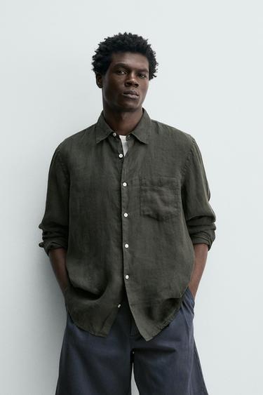 REGULAR FIT 100% LINEN SHIRT - Dark green by Zara