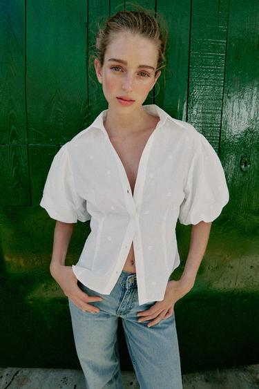 Zara EMBROIDERED PUFF SLEEVE SHIRT - White