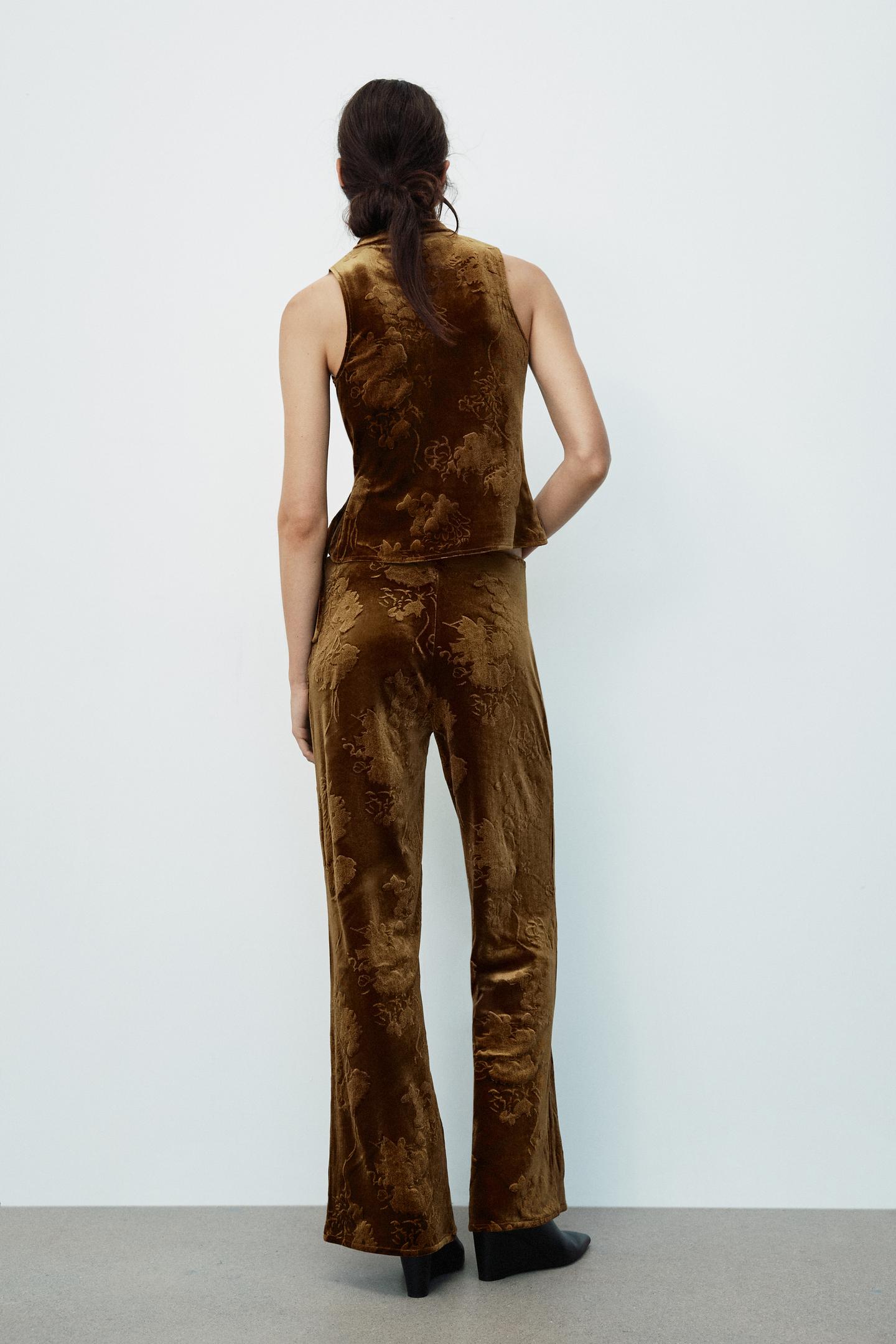 Женские брюки Zara Velvet Print, цвет: Коричневый / Зелёный — фото 4