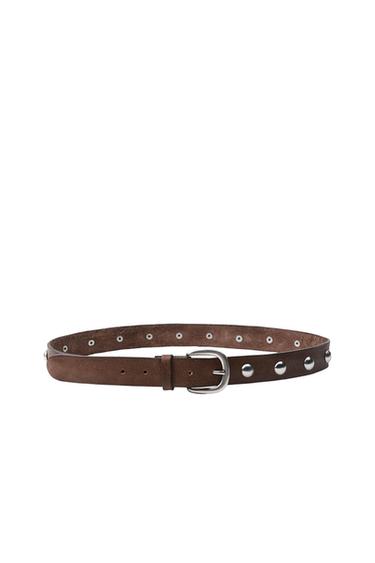 Brown belt with a silver buckle and metal eyelets along its entire length, on a white background.