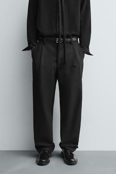 Zara TEXTURED STRIPED CHINO PANTS - Blue