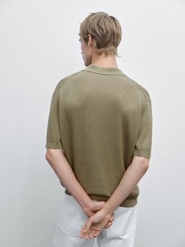 Zara Cutwork V-neck polo shirt - Khaki marl