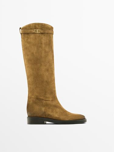 Zara Oiled split suede riding boots - taupe brown