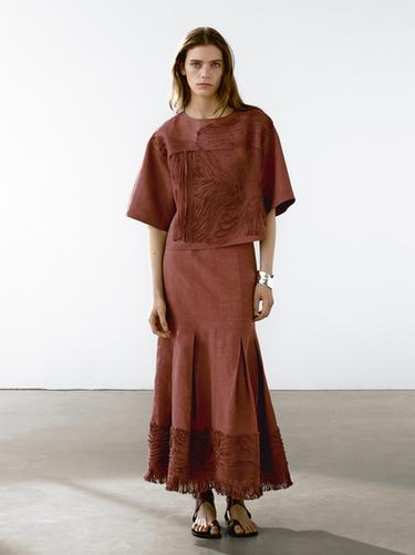 Zara Flowing top with embroidered detail - Brick - Image 0