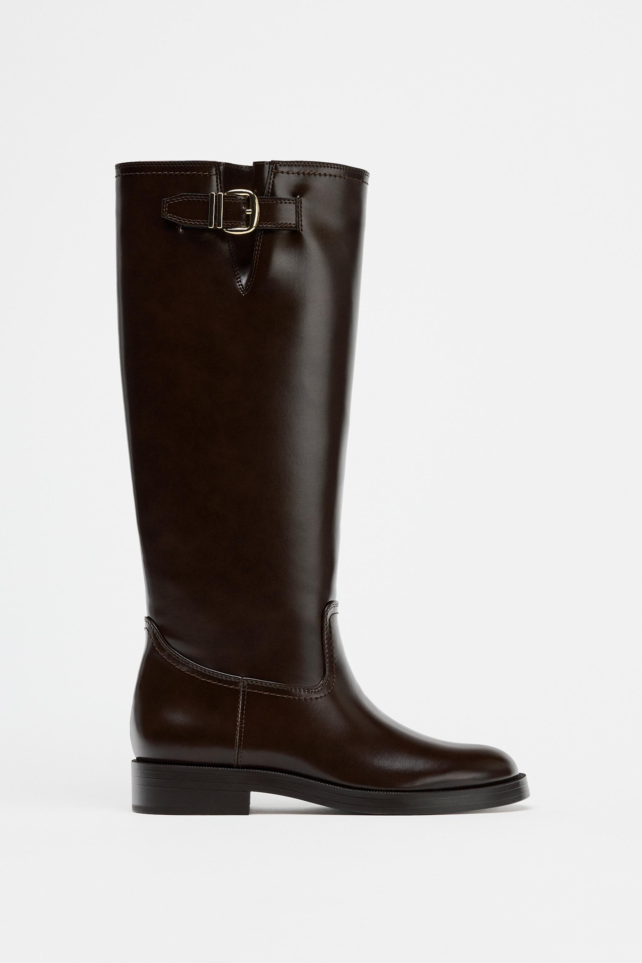 Zara brown tall boots with buckle size online 8