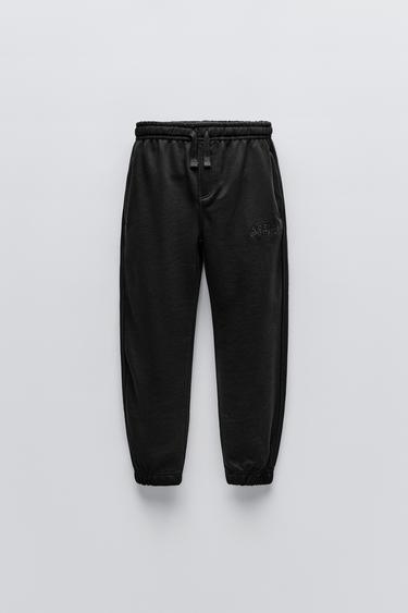 Zara EMBROIDERED TEXT JOGGER PANTS - Black