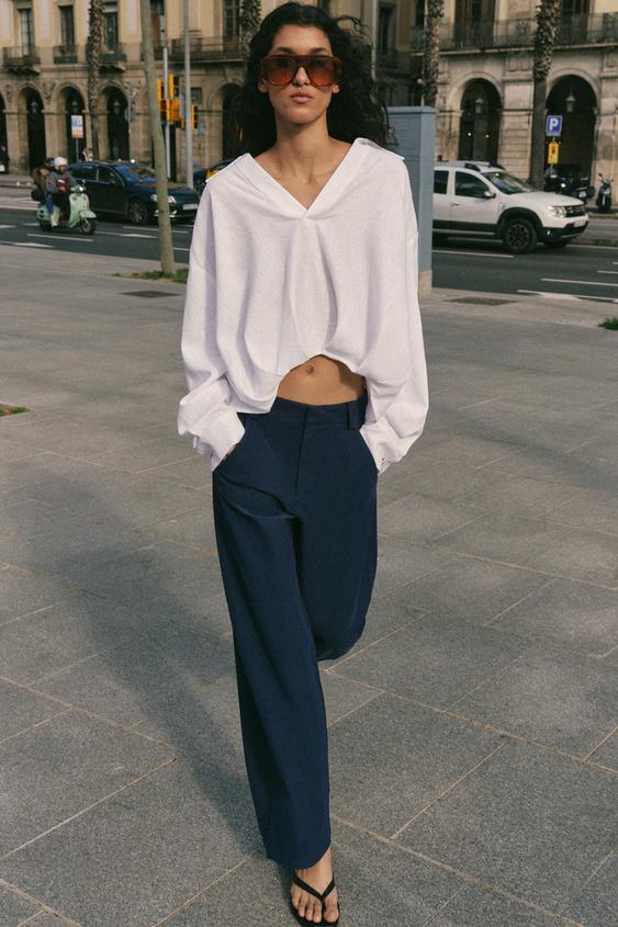 Zara camisa con lino y bajo abullonado