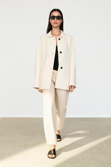 Zara Medium single-breasted wool blend coat - Oyster-white