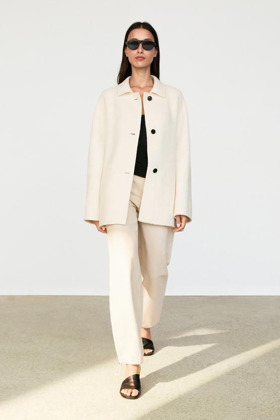 Zara Medium single-breasted wool blend coat - Oyster-white - Image 0