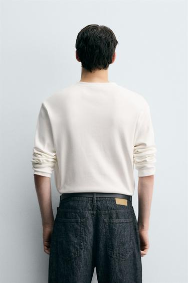 TEXTURED T-SHIRT WITH CONTRAST NECK - White by Zara - Image 2