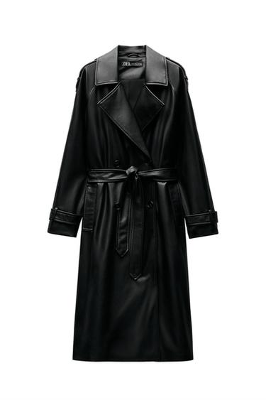 DOUBLE-BREASTED FAUX LEATHER TRENCH COAT WITH BELT