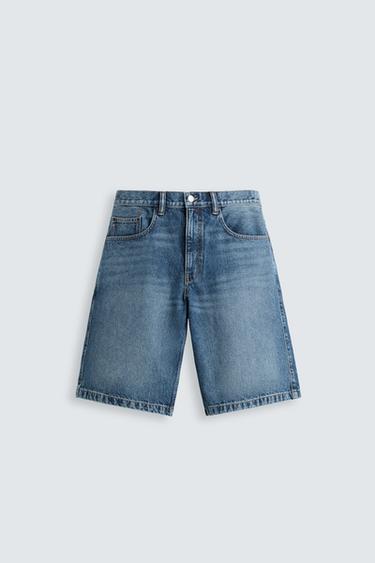 Zara BAGGY FIT DENIM SHORTS - Mid-blue