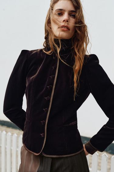 Zara CONTRAST PIPING VELVET BLAZER - Dark brown