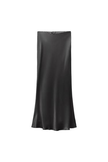 Front view of a long black skirt with a straight cut and a soft drape.