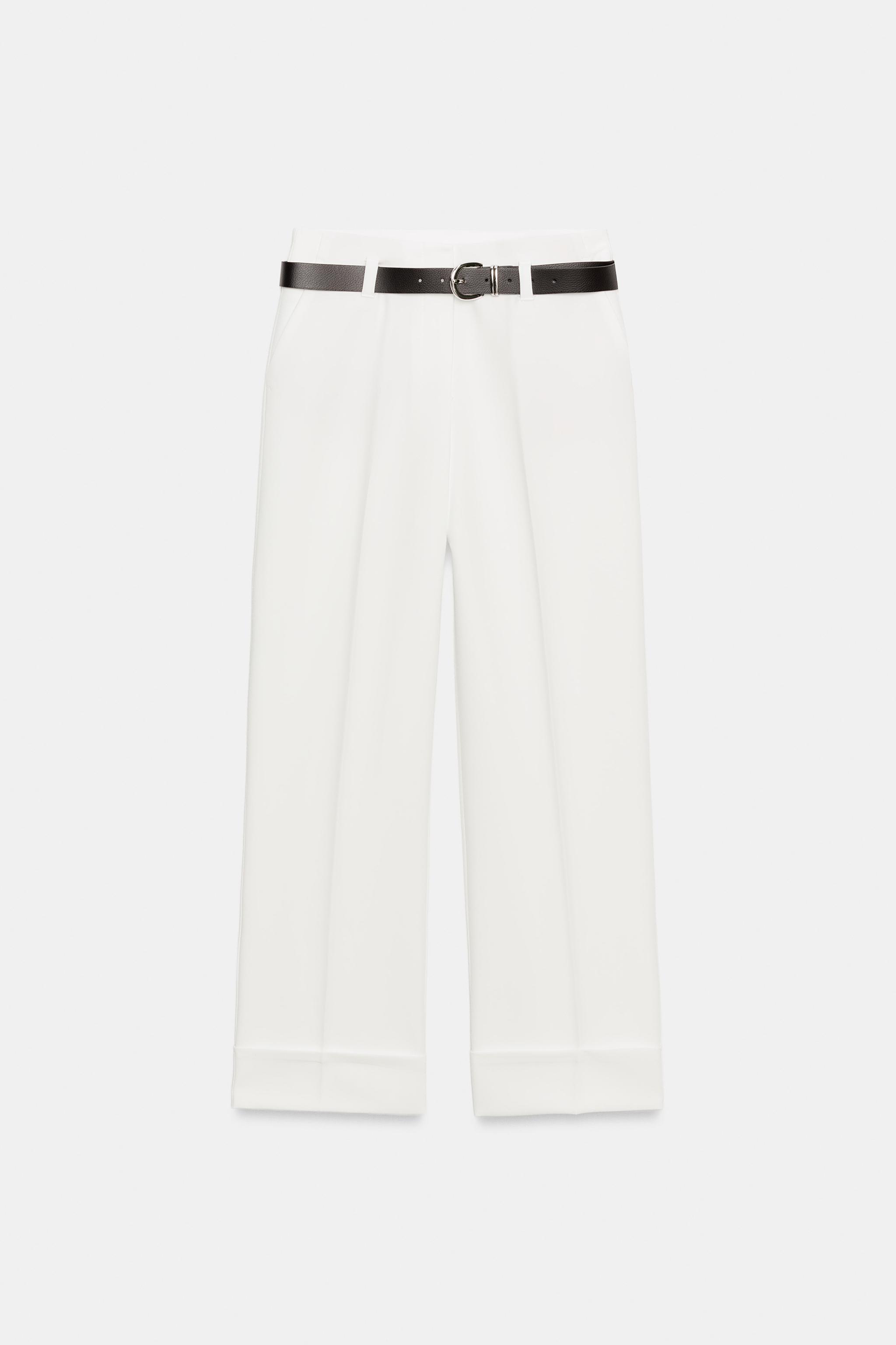 CUFFED HEM BELTED PANTS — White