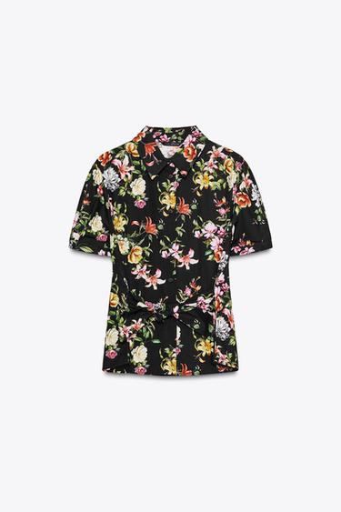 FLORAL PRINT POPLIN TOP - Black / Green by Zara - Image 4